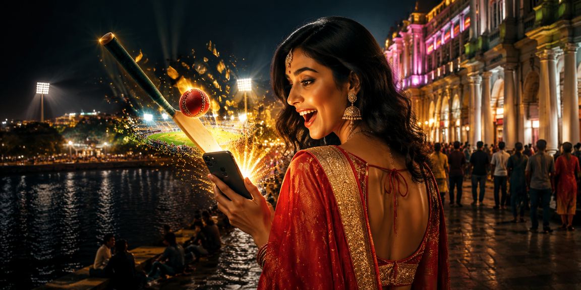 Young woman browsing cricket and lottery betting options on mobile phone in Connaught Place Delhi