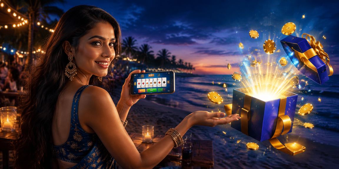 Scenic view of Goa beach with digital rummy gameplay concept