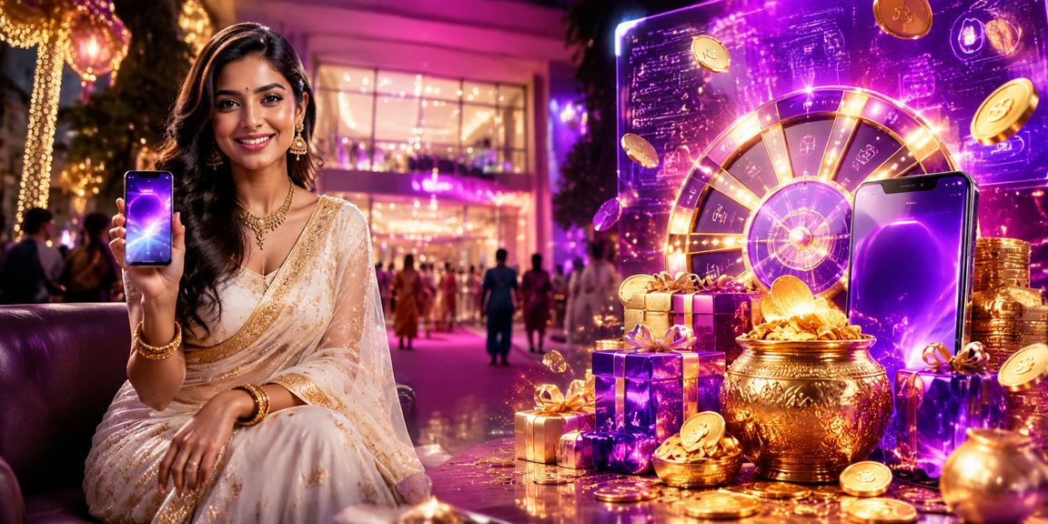 Indian woman in saree checking online lottery results on mobile phone