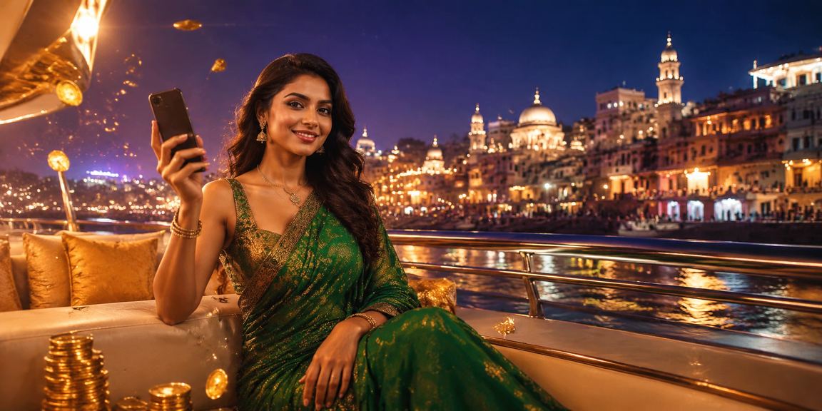 Woman in Lucknow browsing mobile casino games surrounded by vibrant local scenery
